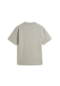 Graues Baumwoll-T-Shirt mit Rundhalsausschnitt, kurzen Ärmeln und einer einfarbigen, glatten Textur. Rückansicht ohne Grafiken oder Verzierungen.