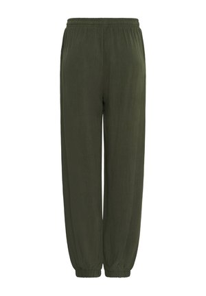 Voľné nohavice jogger olivovo zelenej farby s elastickým pásom a manžetami na členkoch, vhodné na bežné nosenie.