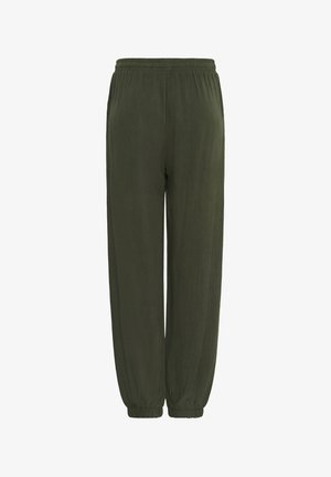 Laza, olívazöld jogging nadrág, rugalmas derék- és bokarész, alkalmi viseletre alkalmas.