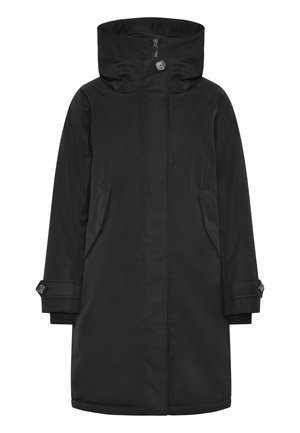 Schwarze Parka mit hohem Kragen, vorderem Reißverschluss, zwei seitlichen Taschen und verstellbaren Bündchen. Glatte Textur und minimalistisches Design.