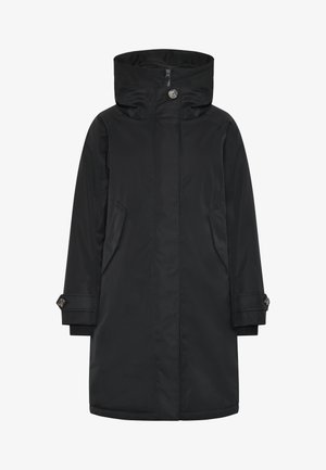 Schwarze Parka mit hohem Kragen, vorderem Reißverschluss, zwei seitlichen Taschen und verstellbaren Bündchen. Glatte Textur und minimalistisches Design.