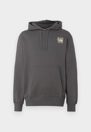 Gray cotton hoodie with a kangaroo pocket, drawstring hood, and a small floral graphic on the chest. Soft texture, relaxed fit.