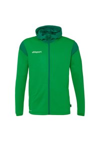 Grüne Zip-Hoodie mit Kapuze, aus weichem Material gefertigt. Verfügt über kontrastierende Schulterpaneele und ein Logo auf der Brust.