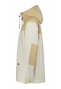 Letvægtsjakke med et farveblokdesign i beige og krem, justerbar hætte, elastiske manchetter og en enkelt sidelomme.