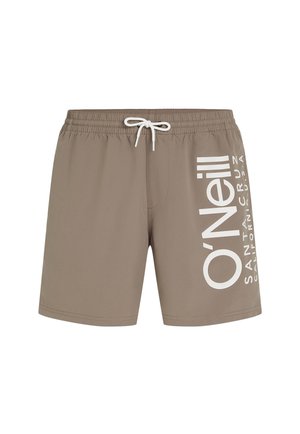 Hellbraune Badeshorts mit weißem "O'Neill"-Logo, verstellbarem Kordelzug und glatter Textur. Einfaches Design, knielang.