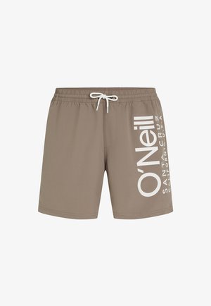 Bañadores color topo con un logo blanco de "O'Neill", cintura ajustable con cordón y textura suave. Diseño básico, longitud por encima de la rodilla.