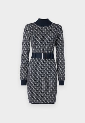 Tumes kleit pikka varrukaga, kõrge kaelusega, mustrilise tekstuuriga ja sobiva vööga, millel on ristküliku kuju pandla. Üksikasjalik korduv disain.