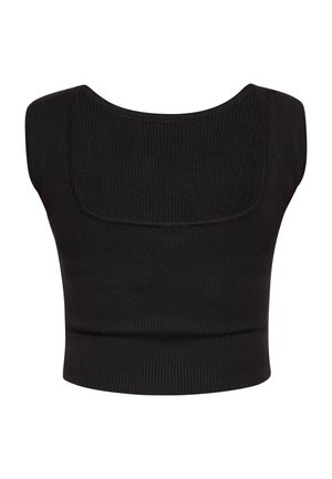 Black ribbed cropped top with wide shoulder straps, featuring a rounded neckline and a fitted waistband, made from stretchy fabric.