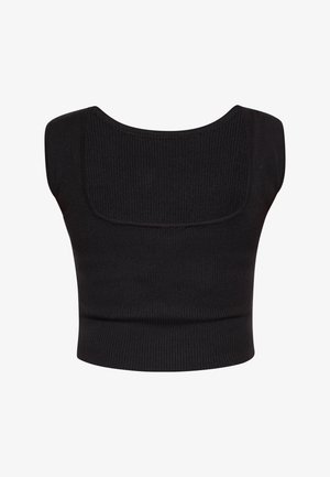 Black ribbed cropped top with wide shoulder straps, featuring a rounded neckline and a fitted waistband, made from stretchy fabric.