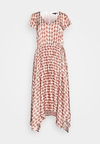 Rood en wit gestreepte jurk met V-hals, korte mouwen en een asymmetrische zoom. Gemaakt van lichtgewicht materiaal met een elastische taille.