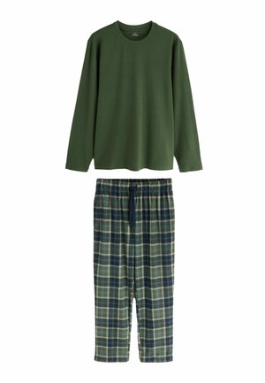 Dunkelgrünes Langarmshirt mit Rundhalsausschnitt und Karierten Pyjamahosen mit elastischem Bund in Grün-, Blau- und Beigetönen.