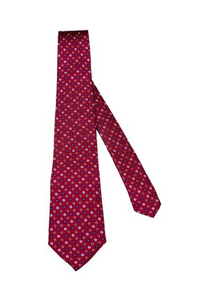 Czerwona krawat z powtarzającym się wzorem małych niebieskich i białych kółek. Materiał ma gładką teksturę, z wąskim końcem i spiczastym czubkiem.