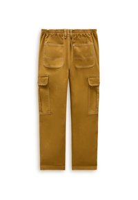 Gulbruna cargo-byxor med elastisk midja, två framfickor och två sidofickor med klaff, med kontrasterande sömnadsdetaljer.
