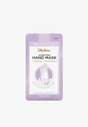 Pakkauksen Sally Hansen -kosteuttavalle käsinaamiolle on laventelinvärinen tausta, valkoista ja purppuraa tekstiä sekä kuva käsistä, joita ympäröivät makadamia-pähkinät.