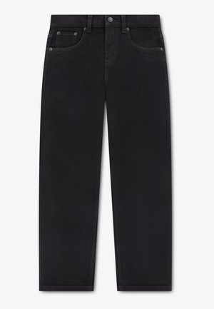 Jean noir à jambe droite avec poches avant, passants de ceinture et fermeture à bouton à la taille sur fond blanc.