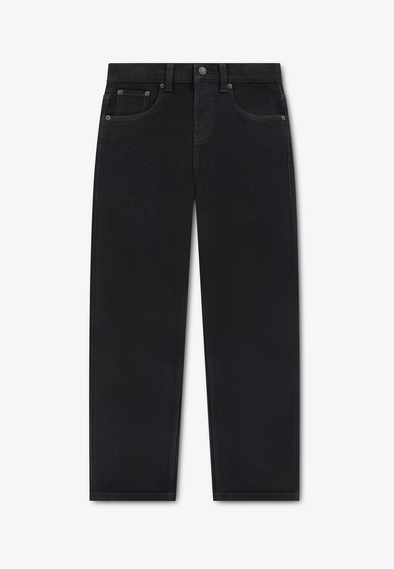 Jean noir à jambe droite avec poches avant, passants de ceinture et fermeture à bouton à la taille sur fond blanc.