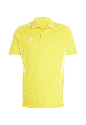 Gelbes Sport-Poloshirt mit kurzen Ärmeln, weißen Seitenpanele, drei weißen Streifen auf den Schultern und einem weißen Adidas-Logo auf der Brust.