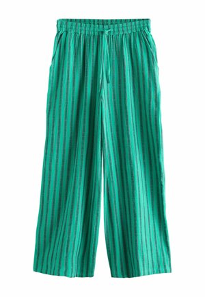 Grønne bukser med vide ben med lodrette sorte striber, elastisk talje, snøre og sidelommer.