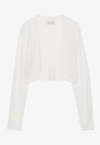 White cropped cardigan, long sleeves, soft knit texture, open front design, label reads "ANNA FIELD," minimalistic style with no fasteners.