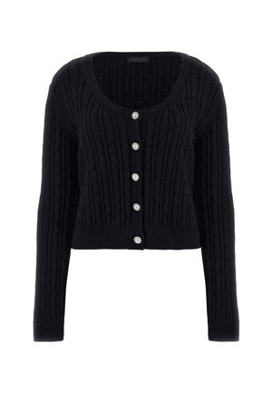 Black knitted cardigan with a cropped fit, featuring a textured cable pattern and five front buttons with silver accents.