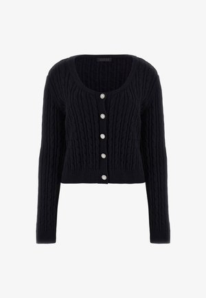 Schwarze gestrickte Strickjacke mit verkürztem Schnitt, ausgestattet mit einem strukturierten Kabelmuster und fünf vorderen Knöpfen mit silbernen Akzenten.