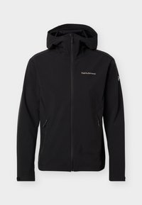 Chaqueta negra con capucha y cremallera, bolsillos laterales, mangas largas y logo "Peak Performance" en el pecho y la manga.