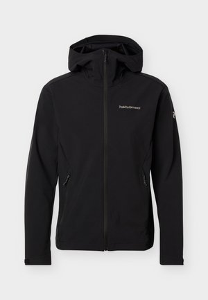 Čierna zipsová bunda s kapucňou, bočnými vreckami, dlhými rukávmi a logom "Peak Performance" na hrudi a rukáve.