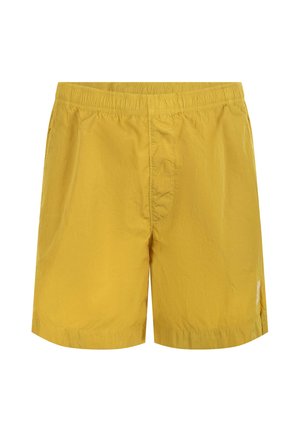 Costume da uomo giallo con vita elasticizzata e tasche laterali, visualizzato su sfondo bianco.