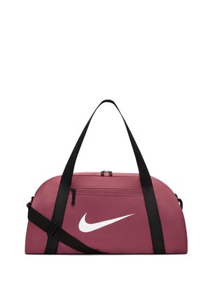 Borsa sportiva rosa con cinghie nere, tasca frontale con cerniera e logo Nike swoosh bianco.