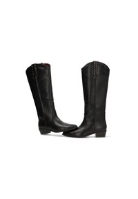 Botas de cuero negro hasta la rodilla con puntera puntiaguda, tacón bajo en bloque y remaches decorativos en la parte trasera en la parte superior. Textura suave.
