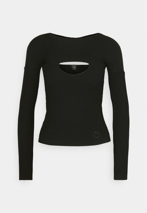 Zwarte long sleeve top van ribstof, met een uitsnede bij de borst en een getailleerde pasvorm. Subtiele logo-accent aan de zoom.