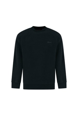 Melns krekls ar garām raglan piedurknēm, teksturēta auduma, ar smalku logotipa akcentu uz krūtīm. Vienkāršs dizains, bez rakstiem.