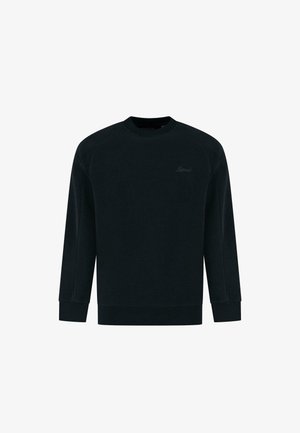 Sweatshirt noir à col rond avec de longues manches raglan, tissu texturé et un accent de logo subtil sur la poitrine. Design simple, sans motifs.