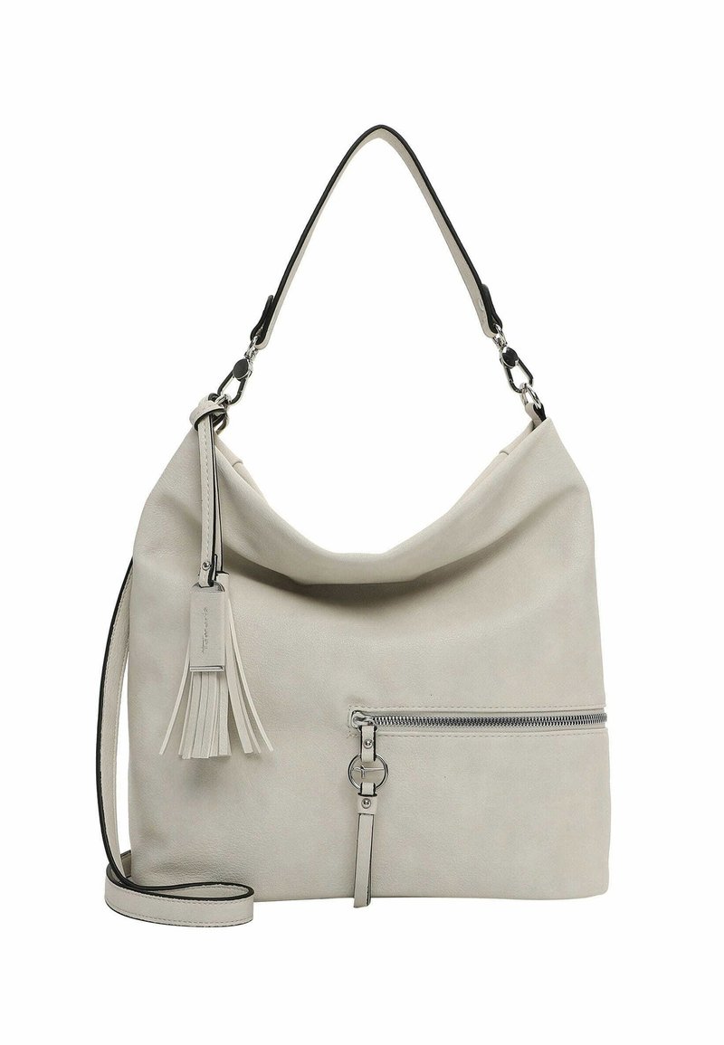 Hellgraue Leder-Schultertasche mit einem lässigen Design, oberem Griff, verstellbarem Riemen, silberner Reißverschlusstasche und Quasten-Detail.