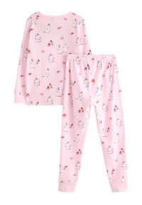 Różowy komplet piżamowy z miękkiego materiału, składający się z bluzki z długim rękawem i spodni z elastyczną talią, ozdobiony wzorem z jednorożcami, sercami i kwiatami.