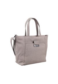 Szara torba płócienna z podwójnymi uchwytami i odpinanym paskiem na ramię. Ma przednią kieszeń i srebrne elementy metalowe.
