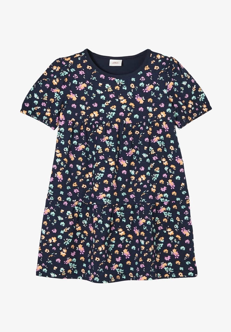 Robe bleu marine à manches courtes avec taille froncée et petit imprimé floral multicolore dans des tons pastel.