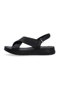 Black leather sandals featuring cross-strap design, adjustable back strap, cushioned sole, and textured rubber outsole for grip.