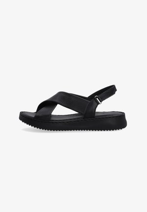 Zwarte leren sandalen met een cross-strap ontwerp, verstelbare achterband, gevoerde zool en een gestructureerde rubberen buitenzool voor grip.