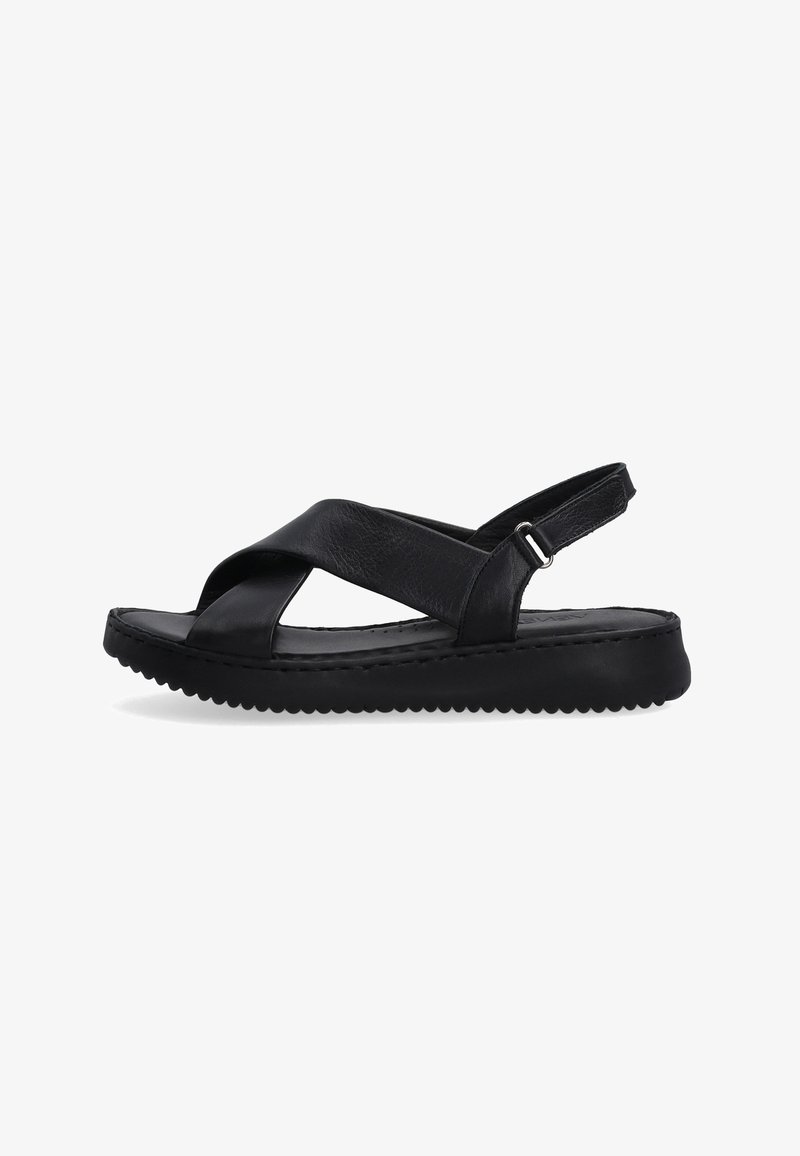 Sorte lædersandaler med krydsrem-design, justerbar bagrem, polstret sål og tekstureret gummisål for bedre greb.
