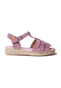 Pink suede sandal with braided jute sole, features multiple straps and an adjustable ankle buckle for a secure fit.