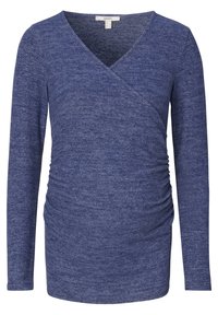 Langärmliges Wickeloberteil aus einem melierten marineblauen Stoff. Mit Raffung an den Seiten für eine schmeichelhafte Form und einem V-Ausschnitt. Sanfte Textur.