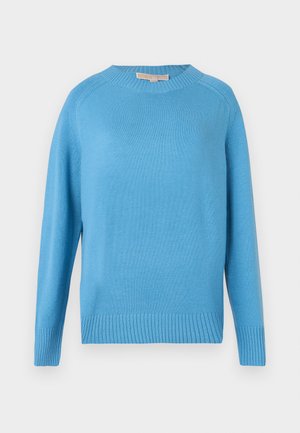 Világoskék kötött pulóver kerek nyakkivágással, hosszú ujjal, bordás mandzsettákkal és aljjal. Sima textúra, laza fazon.