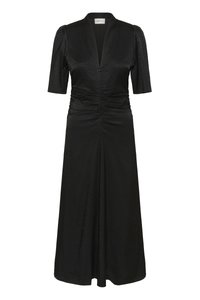 Black midi dress featuring a v-neckline, short puff sleeves, ruched bodice, and a textured fabric with a subtle pattern.
