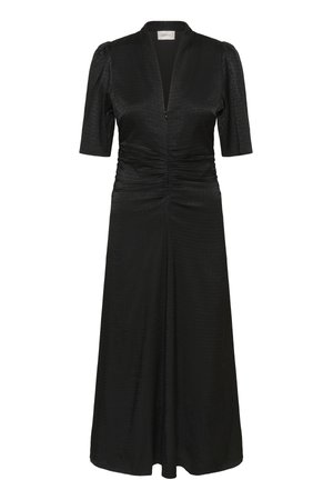 Abito midi nero con scollatura a V, maniche a sbuffo corte, corpino arricciato e un tessuto testurizzato con un motivo sottile.