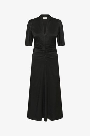 Must musträtt mustel dress, millel on V-kaelus, lühikesed volangse varrukad, rüüstatud kehakujundus ja tekstuuriga kangas, millel on peen muster.