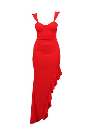 Robe ajustée rouge avec un décolleté en cœur, des fines bretelles et un ourlet à volants sur le côté. Fabriquée en tissu lisse, silhouette moulante.