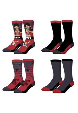Quatre paires de chaussettes mi-hautes rouges et noires, deux avec des motifs de personnages d'anime et de crânes, deux uni avec orteils et talons rouges.