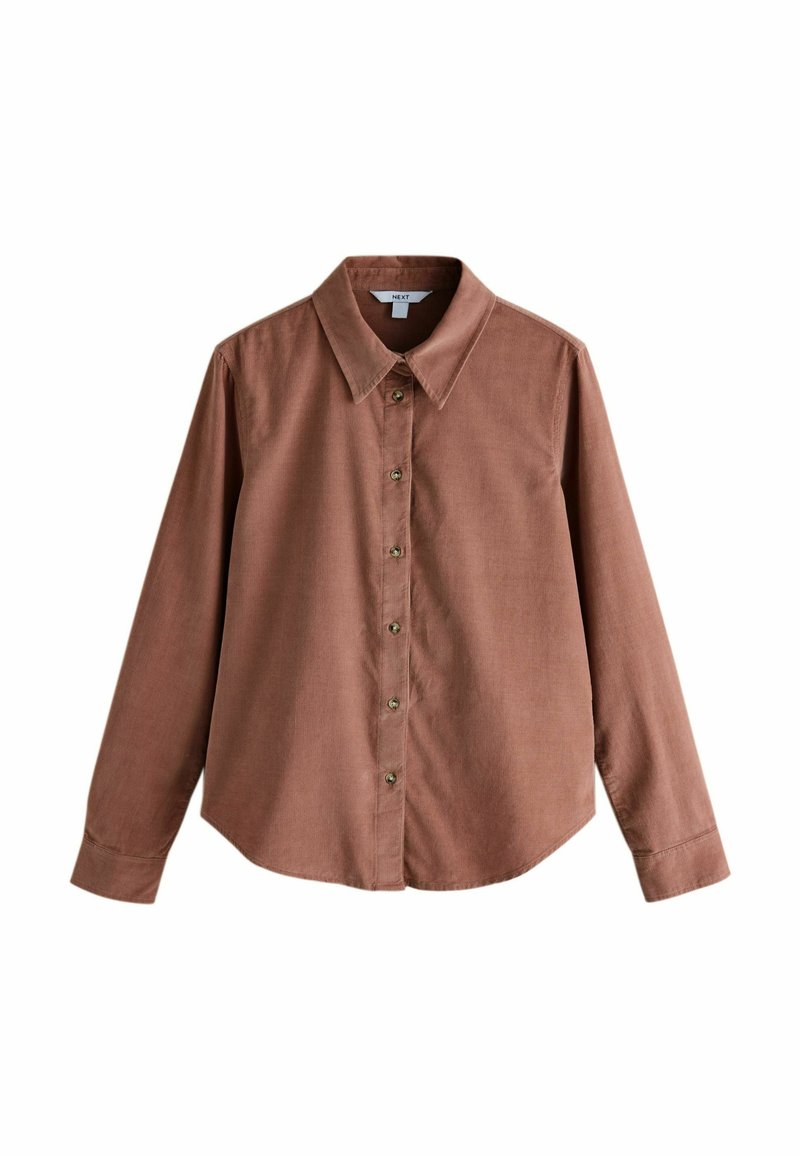 Brown button-up shirt with a collar, long sleeves, and a slightly curved hem. Made of textured fabric with gold-tone buttons.