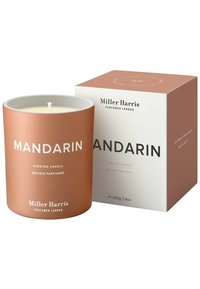 Duftkerze in einem matten Terrakottagefäß, beschriftet mit "Mandarine", begleitet von einer weißen Schachtel mit minimalistischen Texten und zurückhaltenden Grafiken.